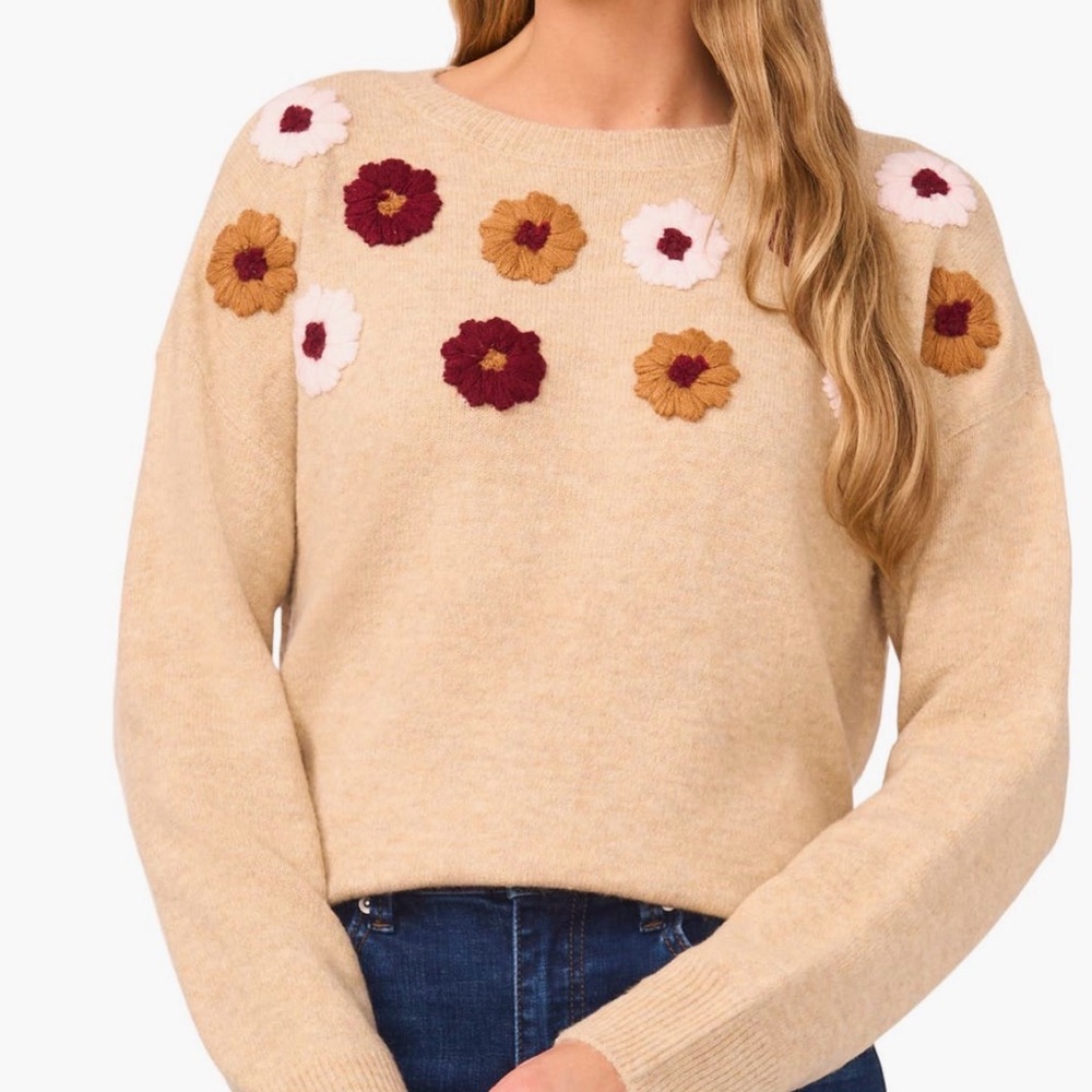 CECE Floral Embroidered Beige Sweater NWOT Sz Small